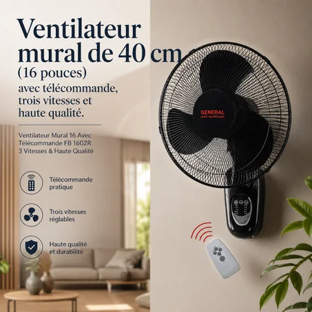 Ventilateur mural de 40 cm (16 pouces) avec télécommande, trois vitesses et haute qualité.GENERAL