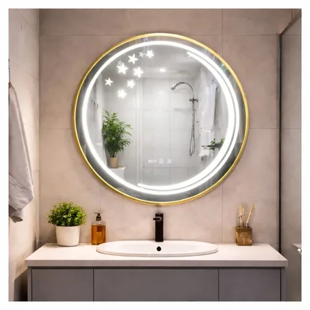 مرآة حمام مستديرة LED مقاس 70 × 70 مع إطار فاخر للغاية – مضادة للبقع + شاشة رقمية