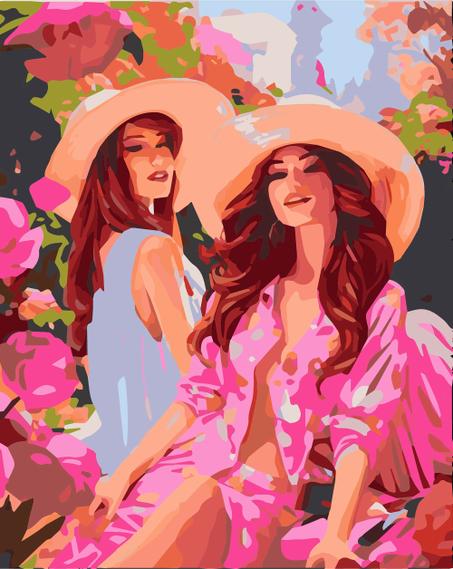 Sœurs dans un jardin rose