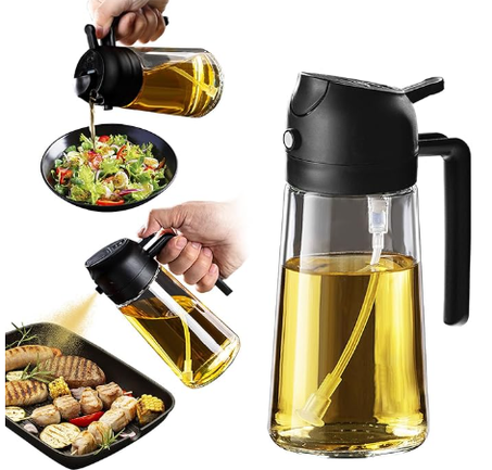 بخاخ زيت الزيتون TrendPlain سعة 16 أونصة/470 مل للطهي - موزع زيت الزيتون 2 في 1 لأدوات المطبخ، ومقلاة الهواء، والسلطة، والشواء - أسود وخوخي