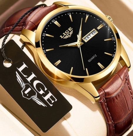 ساعة الرجال الفخمة بحزام الجلد البني