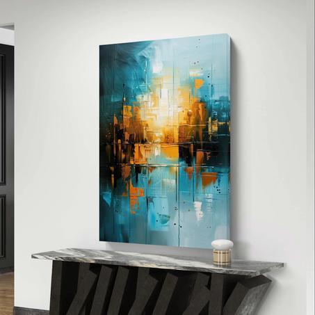 لوحة فنية تجريدية بالأزرق والذهبي