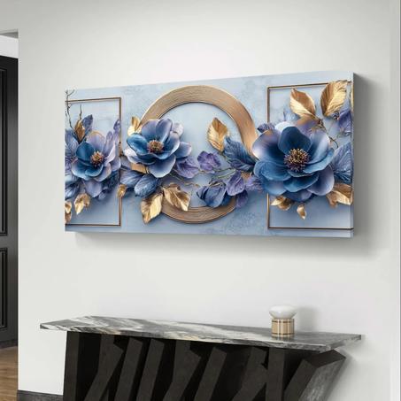 لوحة جدارية زهرية باللونين الأزرق والذهبي: ديكور منزلي أنيق