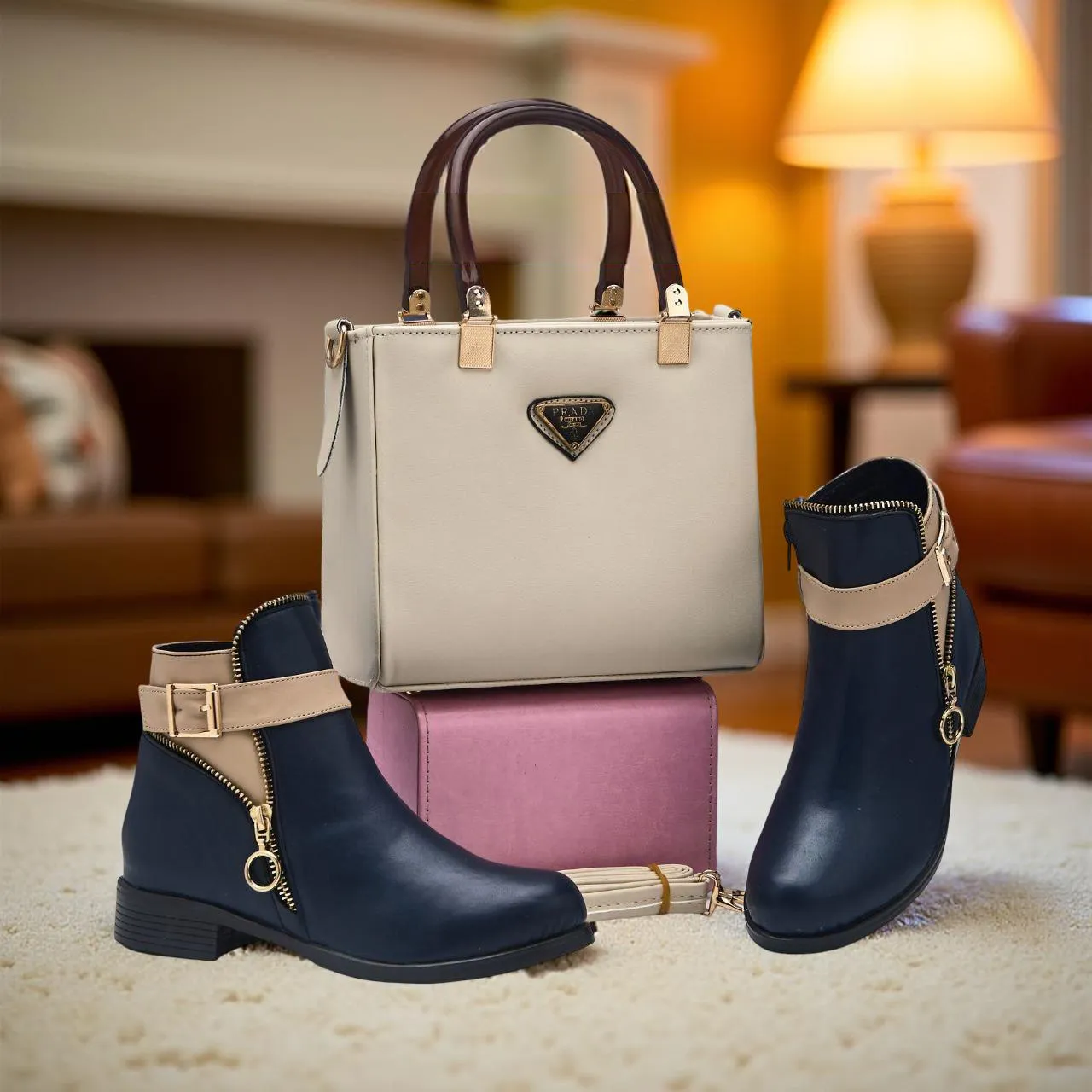 "طقم نسائي أنيق – حقيبة جلد مع بوت عصري