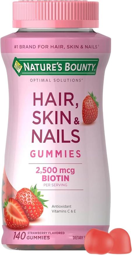 Cabello, piel y uñas con biotina gracias a Nature's Bounty Optimal Solutions, suplemento multivitamínico, gomitas de fresa, 2500 mcg, 140 unidades