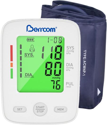 Berrcom Monitor de presión arterial de brazo superior para uso doméstico, máquina digital automática de presión arterial con pantalla LED retroiluminada, memoria de 2 x 99, puño ajustable (8.