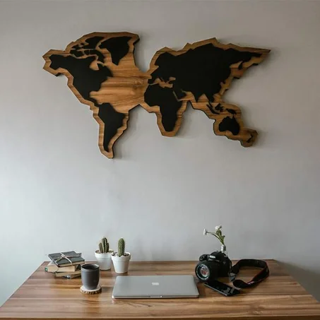Carte du monde en bois et aluminium, Carte du bois/metal, Décor d’art mural.