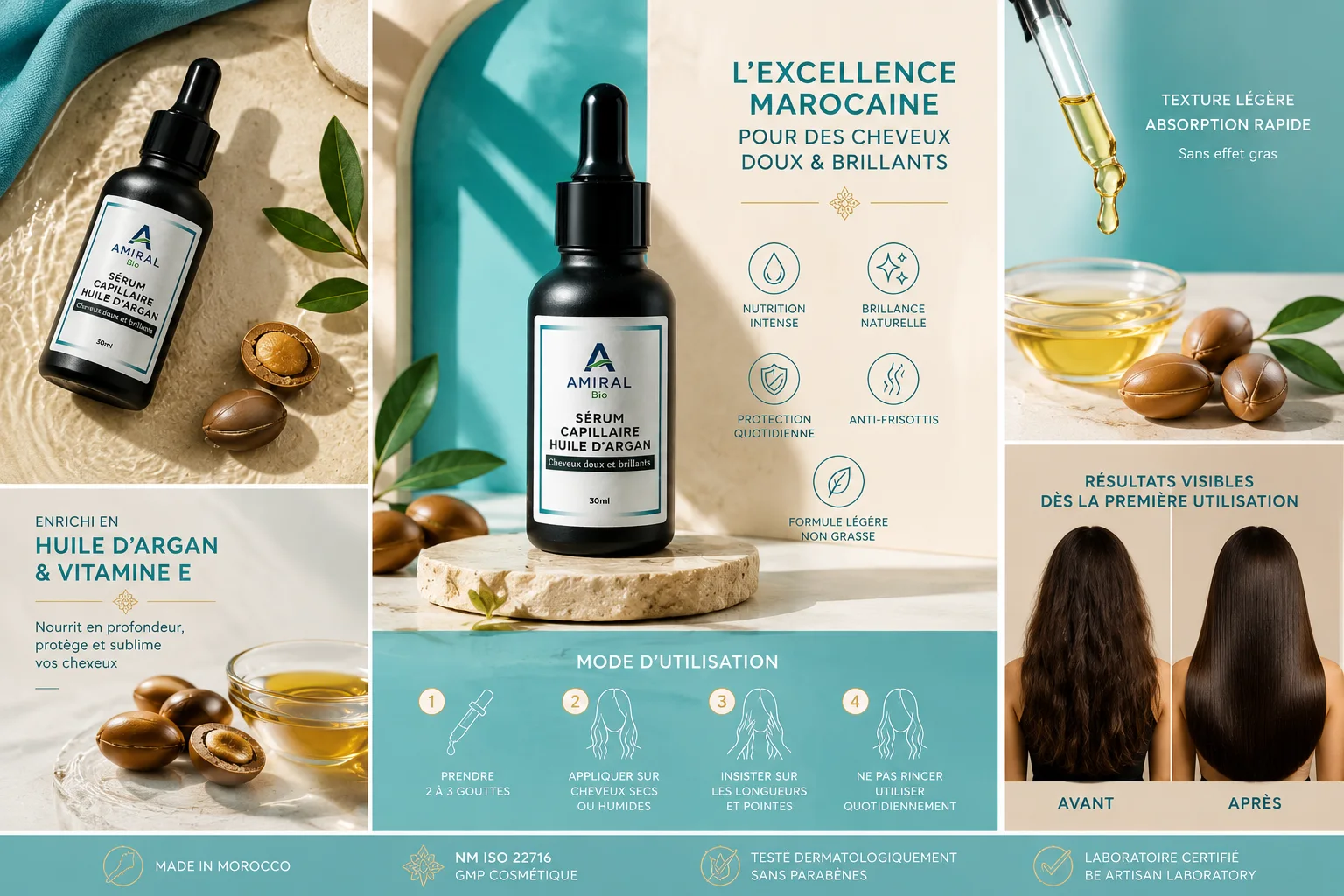 Sérum cheveux huile d'argan AmiralBio Maroc 30 ml – soin capillaire nourrissant pour cheveux secs et abîmés, aide à réduire les frisottis, apporte brillance et douceur avec une formule légère sans effet gras.