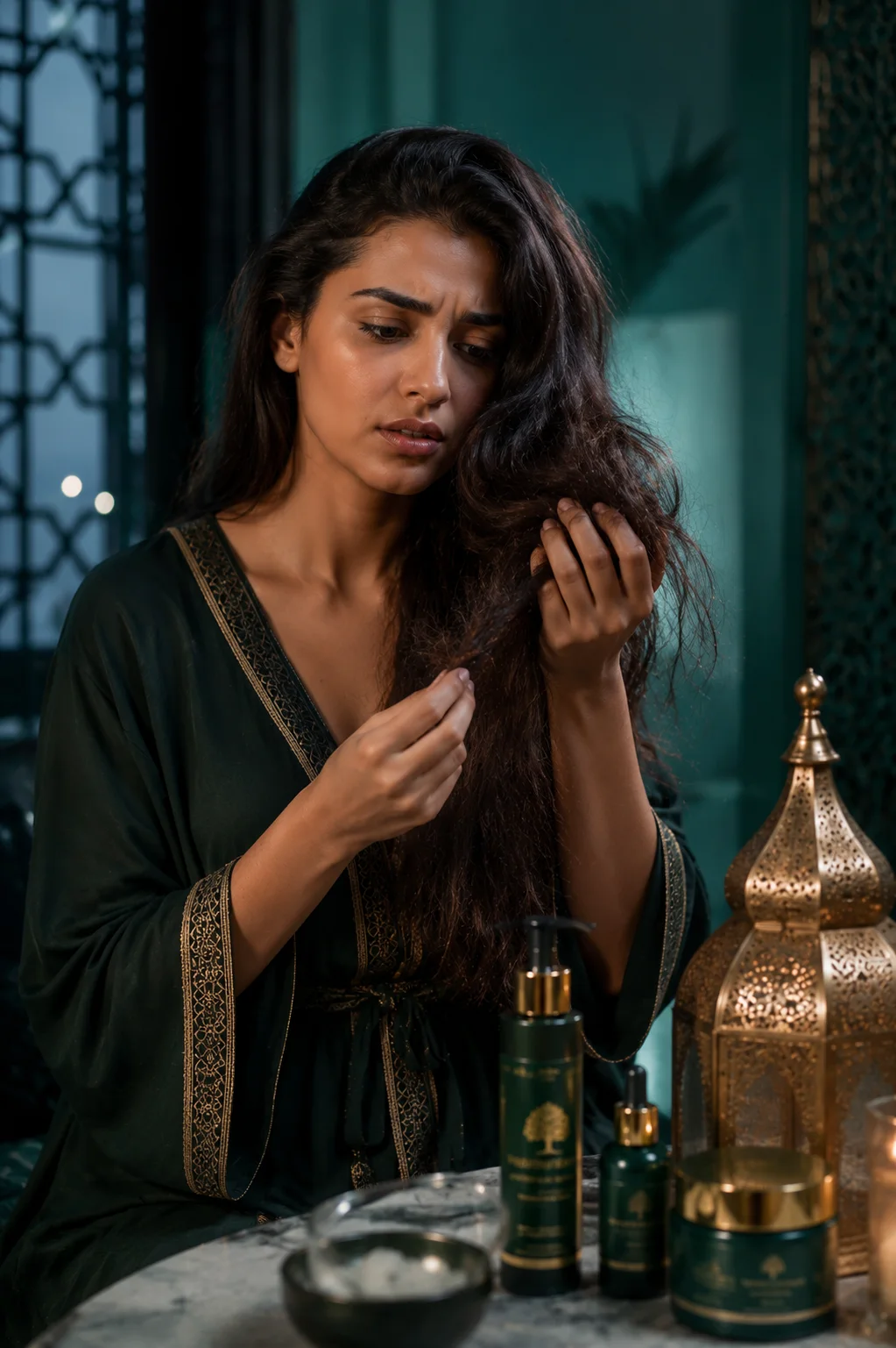 امرأة مغربية تلمس شعرها الجاف والمتعب بعد يوم عمل مرهق amiral bio