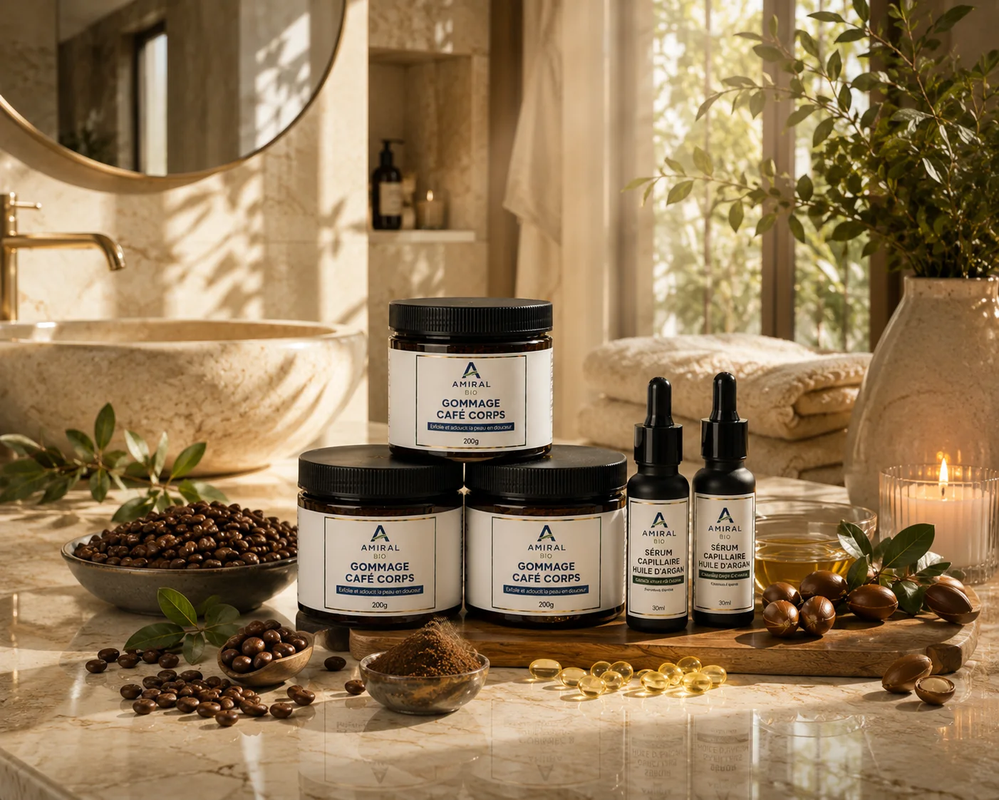باك العائلة AMIRAL BIO – 5 منتجات (3 سكراب القهوة للجسم 200غ + 2 سيروم زيت الأركان للشعر 30مل) – عرض اقتصادي – صنع في المغرب