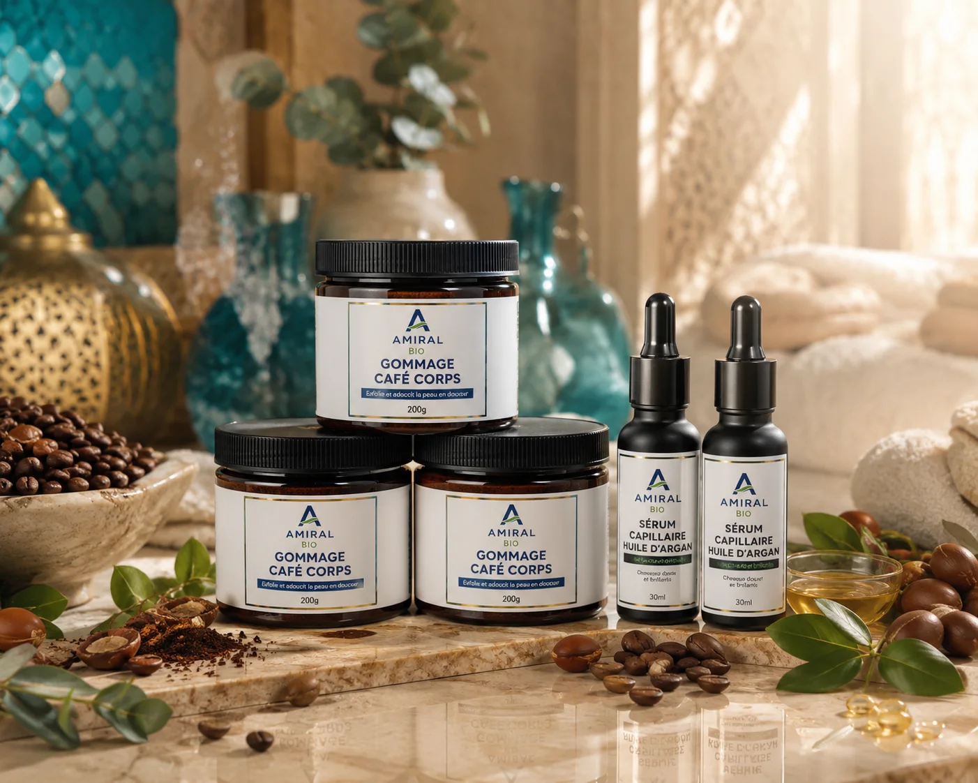 باك العائلة AMIRAL BIO – 5 منتجات (3 سكراب القهوة للجسم 200غ + 2 سيروم زيت الأركان للشعر 30مل) – عرض اقتصادي – صنع في المغرب