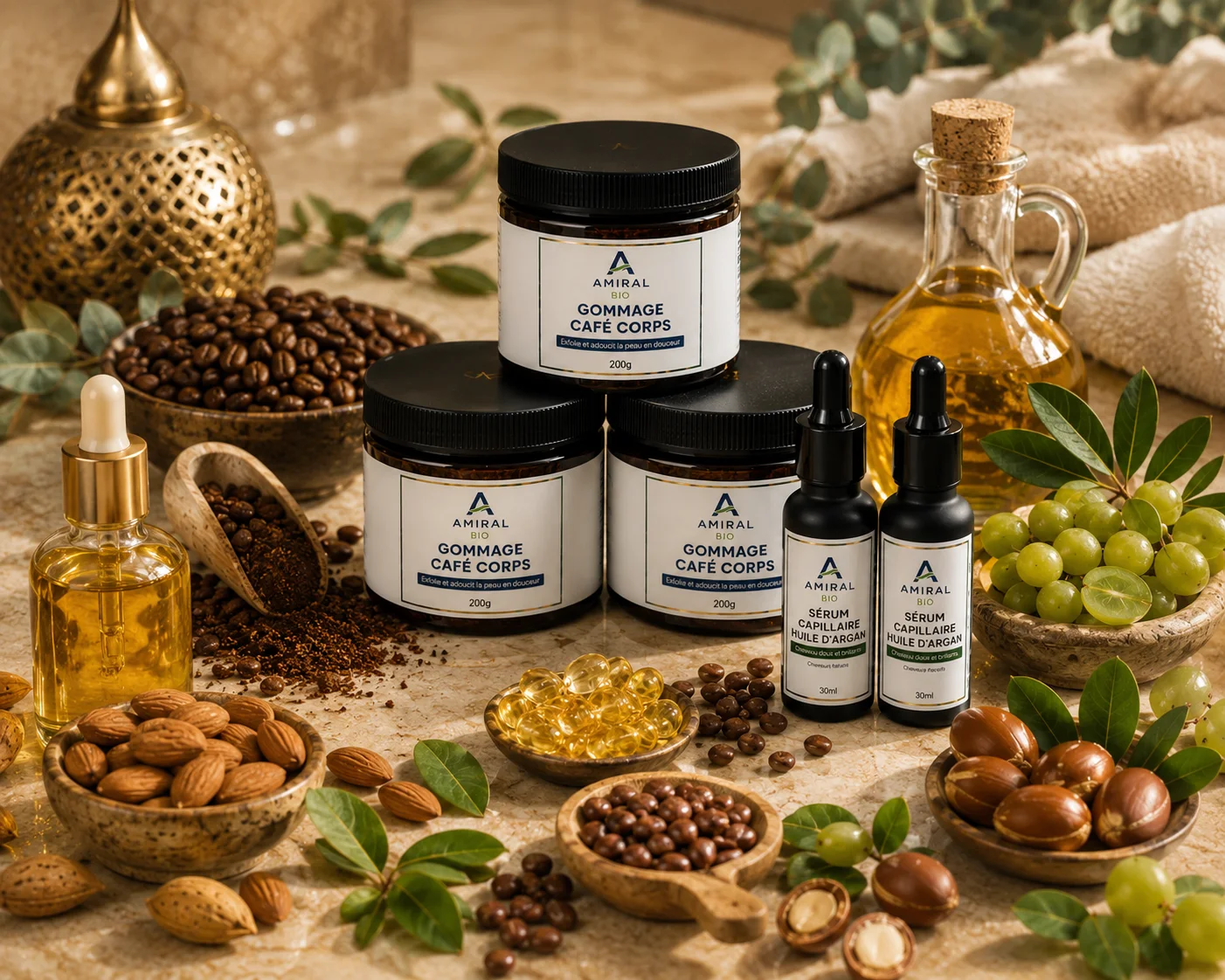 باك العائلة AMIRAL BIO – 5 منتجات (3 سكراب القهوة للجسم 200غ + 2 سيروم زيت الأركان للشعر 30مل) – عرض اقتصادي – صنع في المغرب
