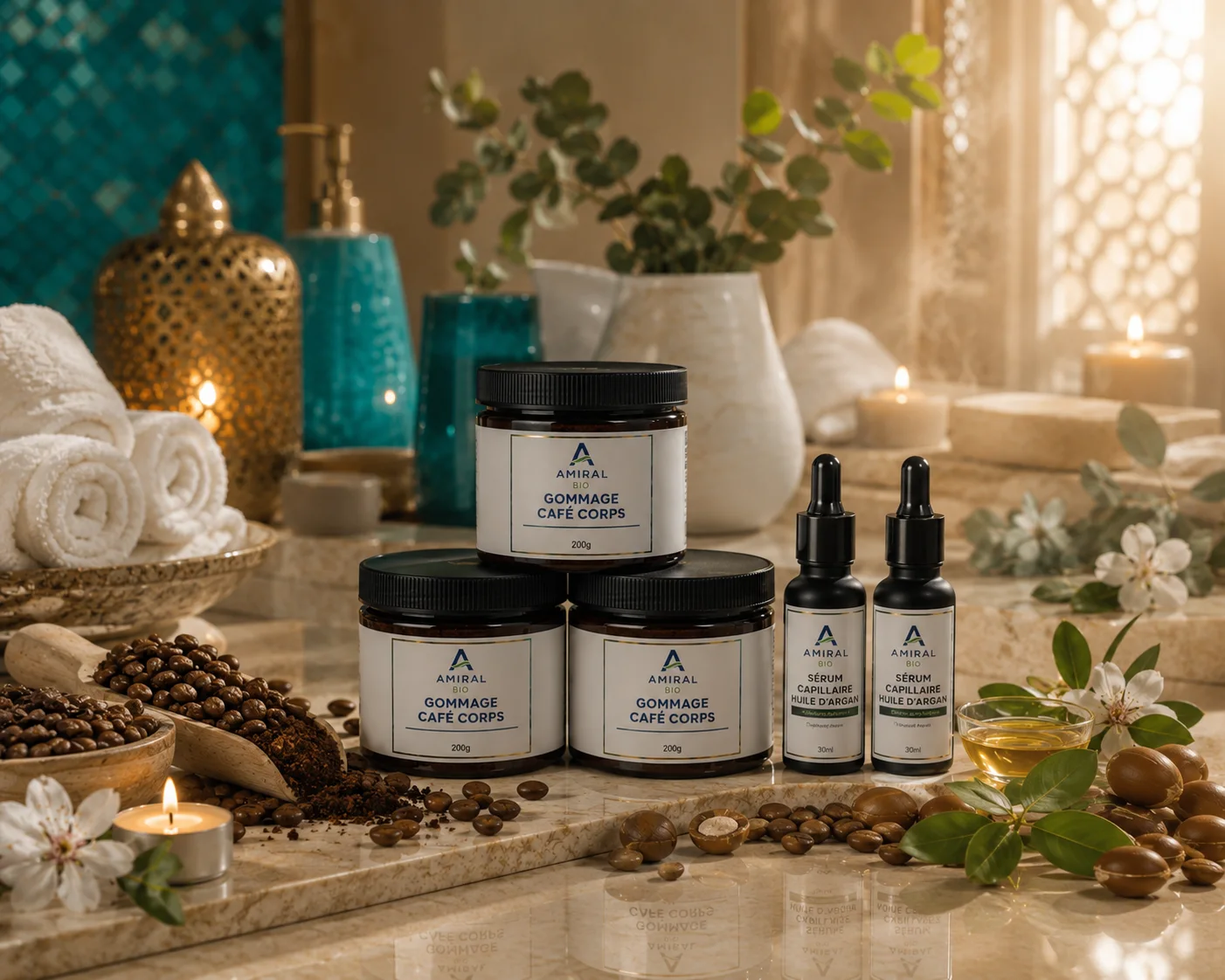 باك العائلة AMIRAL BIO – 5 منتجات (3 سكراب القهوة للجسم 200غ + 2 سيروم زيت الأركان للشعر 30مل) – عرض اقتصادي – صنع في المغرب