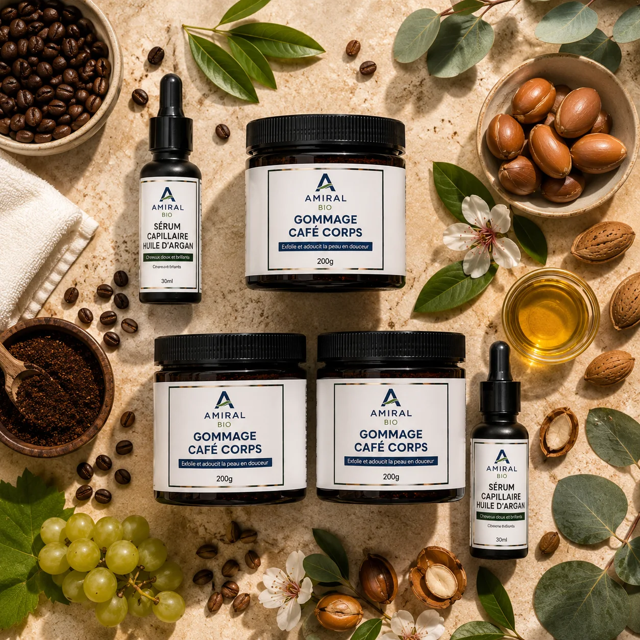 باك العائلة AMIRAL BIO – 5 منتجات (3 سكراب القهوة للجسم 200غ + 2 سيروم زيت الأركان للشعر 30مل) – عرض اقتصادي – صنع في المغرب