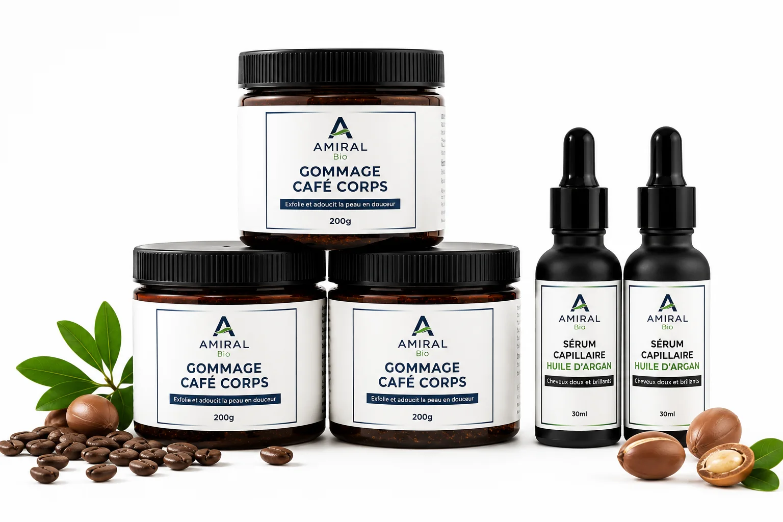 باك العائلة AMIRAL BIO – 5 منتجات (3 سكراب القهوة للجسم 200غ + 2 سيروم زيت الأركان للشعر 30مل) – عرض اقتصادي – صنع في المغرب