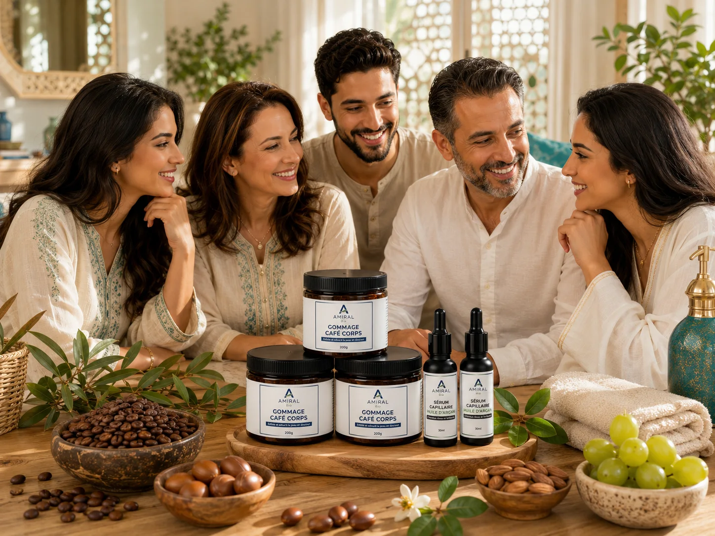 باك العائلة AMIRAL BIO – 5 منتجات (3 سكراب القهوة للجسم 200غ + 2 سيروم زيت الأركان للشعر 30مل) – عرض اقتصادي – صنع في المغرب