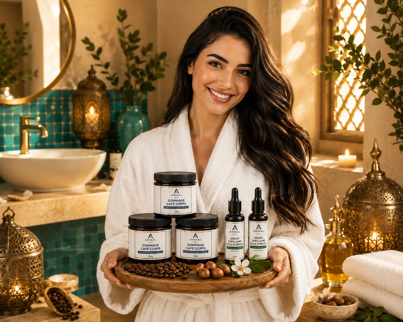 باك العائلة AMIRAL BIO – 5 منتجات (3 سكراب القهوة للجسم 200غ + 2 سيروم زيت الأركان للشعر 30مل) – عرض اقتصادي – صنع في المغرب