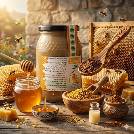 التركيبة الرباعية الطبيعية 🍯 – عسل جبال الأطلس مع العكبر والغذاء الملكي وحبوب اللقاح