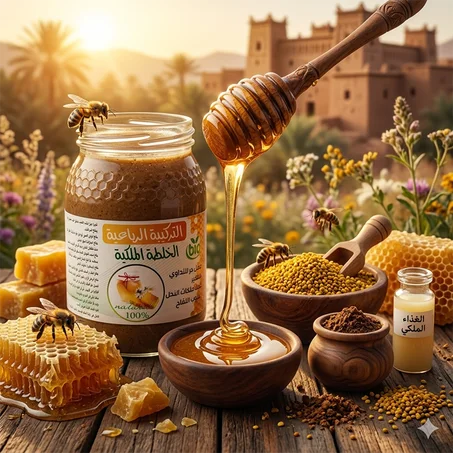 التركيبة الرباعية من خيرات النحل – عسل جبال الأطلس مع العكبر والغذاء الملكي وحبوب اللقاح