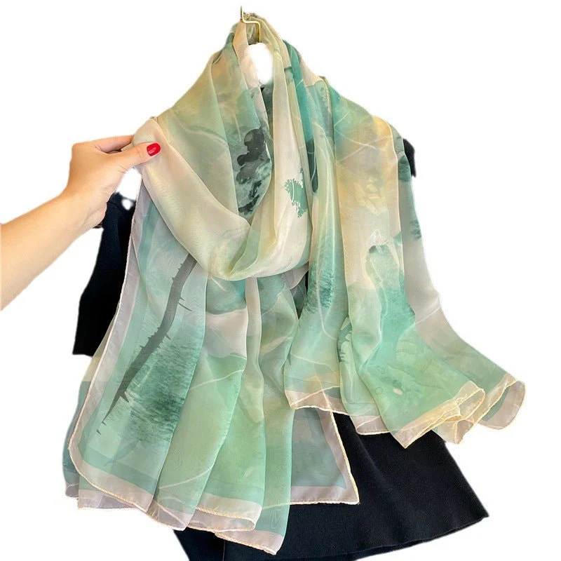 Light Luxury Artificial Silk Talma Yousoft Scarf Women's Large Size Pattern Commuter (Flower dyeing green)