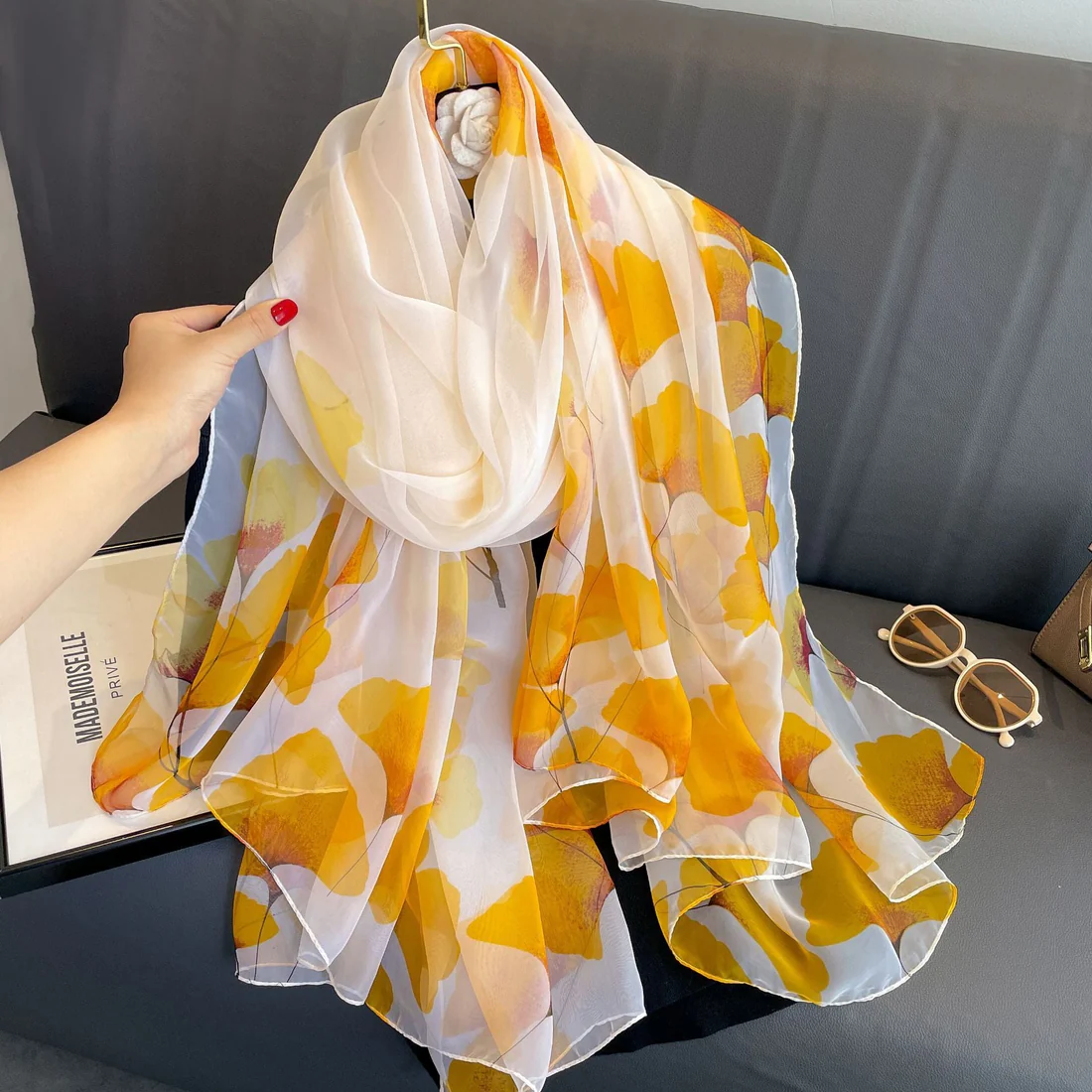 Light Luxury Artificial Silk Talma Yousoft Scarf Women's Large Size Pattern Commuter (Ginkgo Leaf Yellow)