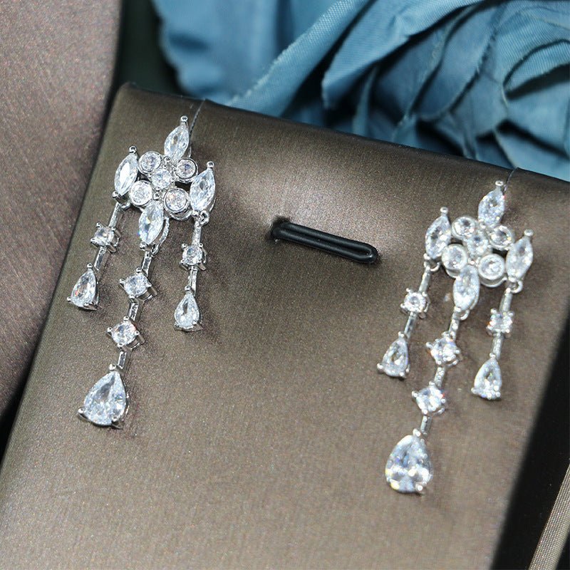 Bridal Zircon 3A Necklace Earrings Four-Piece Set (Silver White)