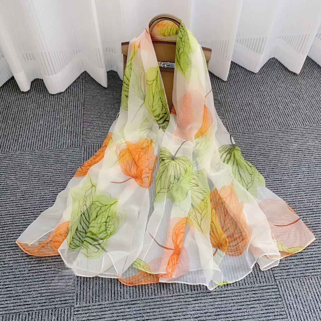 Light Luxury Artificial Silk Talma Yousoft Scarf Women's Large Size Pattern Commuter (Mulberry Leaves)
