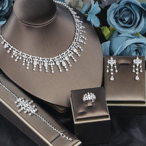 Bridal Zircon 3A Necklace Earrings Four-Piece Set (Silver White)