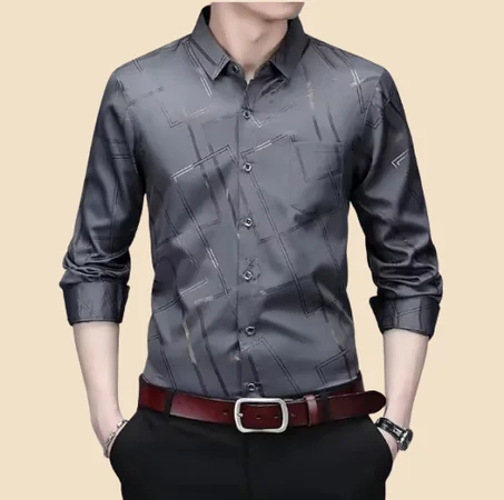 قميص رجالي مطبوع بأكمام طويلة، أنيق وعصري، لا يحتاج إلى كيّ ومقاوم للتجاعيد، مناسب للعمل