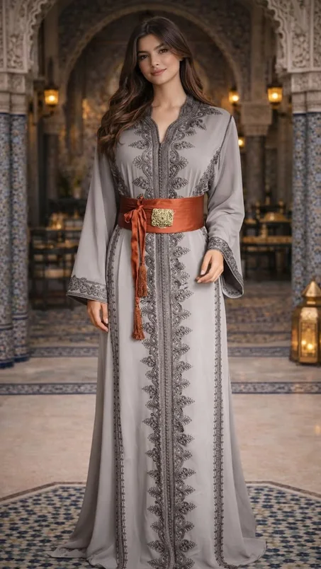 جلابة رندة مودرن | بلمسة العقيق واللؤلؤ