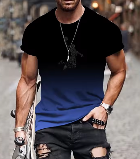 تي شيرت رجالي كاجوال يومي ثلاثي الأبعاد بطباعة عصرية متدرجة الألوان . مقاس كبير برقبة دائرية مريح