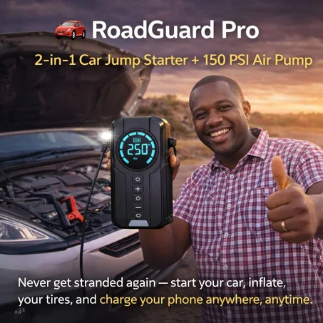 Ultimate 4-in-1 Car Essential: Jump Starter, Air Pump, Power Bank and Flashlight!