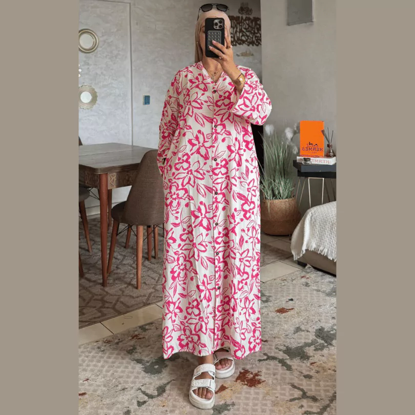 فستان بثوب لولان – تصميم زهري أنيق ومريح (L, XL, XXL)