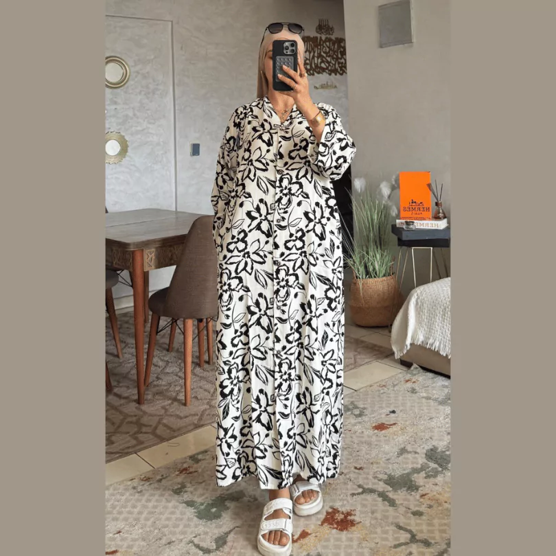 فستان بثوب لولان – تصميم زهري أنيق ومريح (L, XL, XXL)
