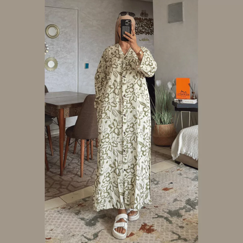 فستان بثوب لولان – تصميم زهري أنيق ومريح (L, XL, XXL)