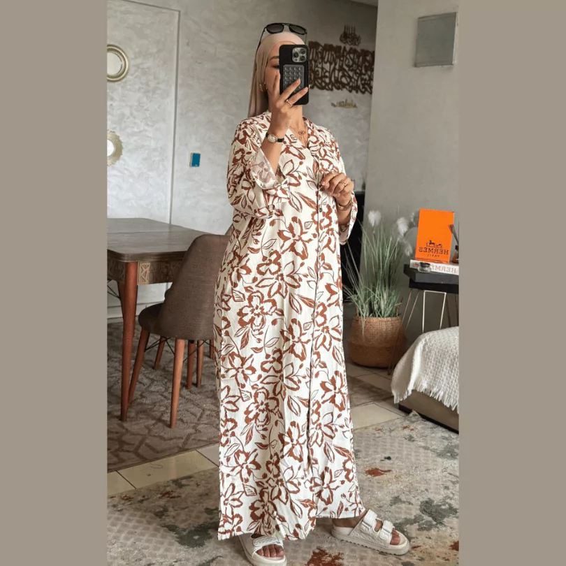 فستان بثوب لولان – تصميم زهري أنيق ومريح (L, XL, XXL)