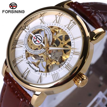 ساعة ميكانيكية لون دهبي وأبيض حزام  جلدي بني