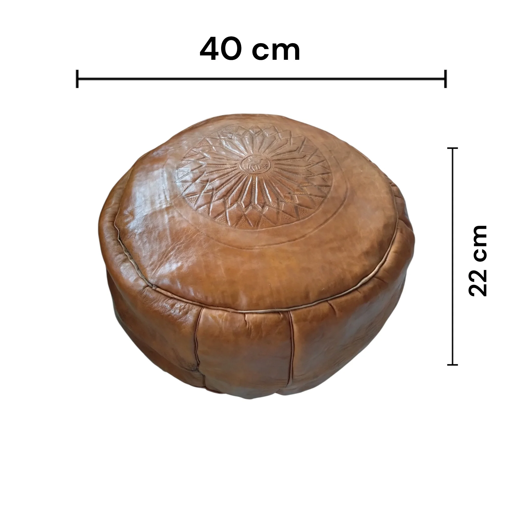 Pouf marocain artisanal en cuir gaufré motif soleil بوفا مغربية مصنوعة يدوياً من الجلد المنقوش بنقش الشمس