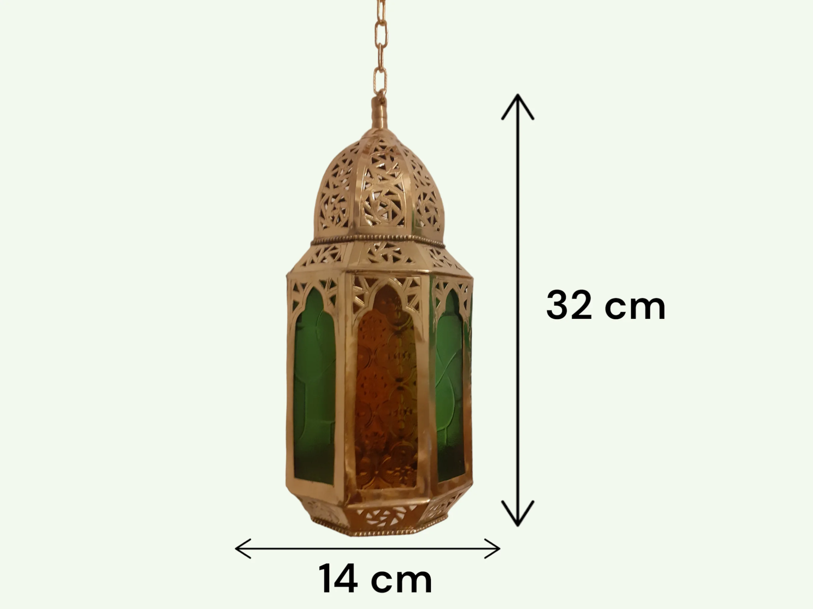 فانوس نحاس مغربي أصيل بزجاج ملون عراقي ديكور يدوي من فاس Lanterne marocaine authentique en cuivre et vitrail irakien - Décoration artisanale de Fès