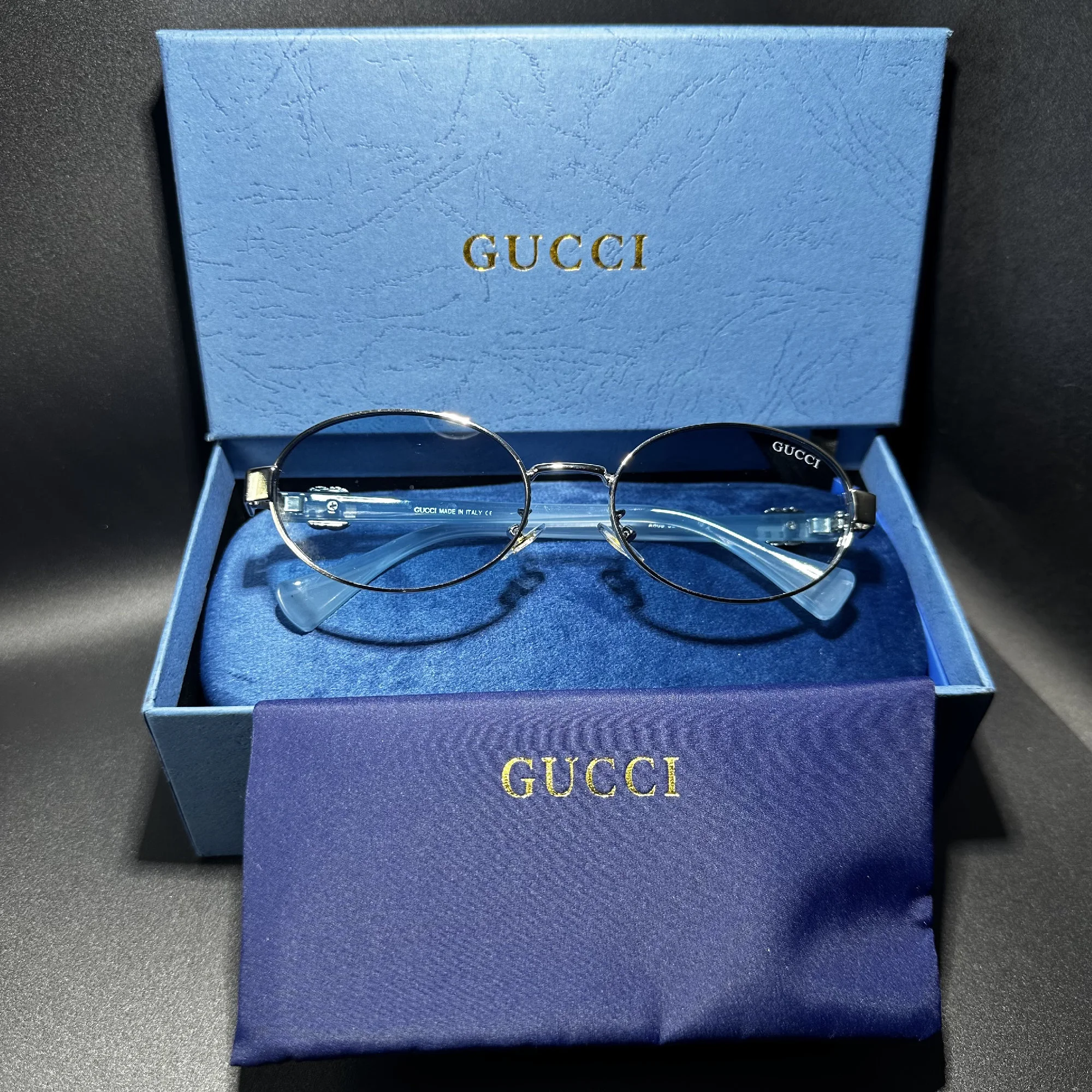 Lunettes Gucci Rondes Argent et Bleu Glacier