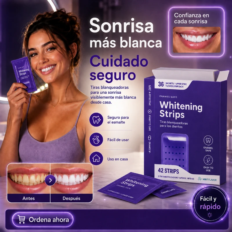 Tiras Dentales Blanqueadoras con Corrección de Color Púrpura-Haz que tu sonrisa sea lo primero que todos noten