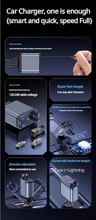 USB & TYPE C شاحن سيارة قابل للسحب ، سريع ، كابلات لايفون + كابل شحن النوع