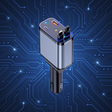 USB & TYPE C شاحن سيارة قابل للسحب ، سريع ، كابلات لايفون + كابل شحن النوع