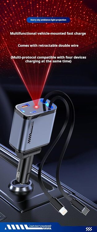 USB & TYPE C شاحن سيارة قابل للسحب ، سريع ، كابلات لايفون + كابل شحن النوع