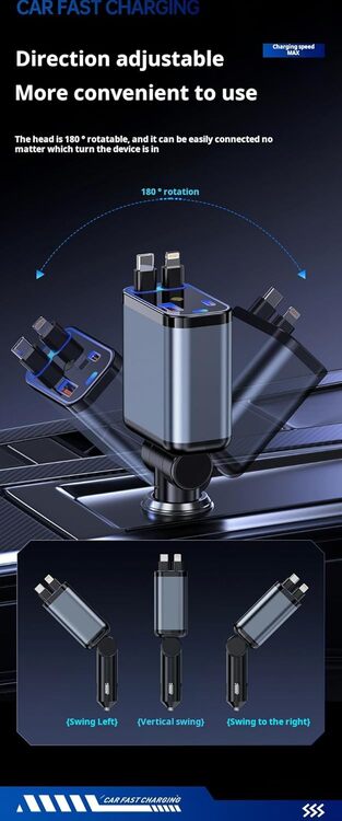 USB & TYPE C شاحن سيارة قابل للسحب ، سريع ، كابلات لايفون + كابل شحن النوع