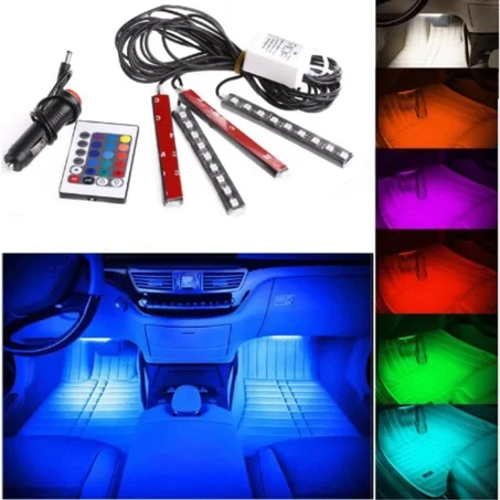 Voiture RGB LED rampe d'éclairage à LED bande lumières couleurs voiture style décoratif atmosphère lampes voiture lumière intérieure avec télécommande 12V