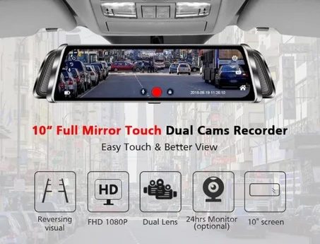 Smart Rear-View Mirror With Integrated Dash Cam, Touchscreen & GPS Navigation