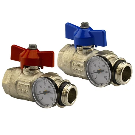 VANNE A BILLE DROITE MALE-FEMELLE AVEC GOULOTTE A ETANCHEITE SOUPLE ET THERMOMETRE  IVAR