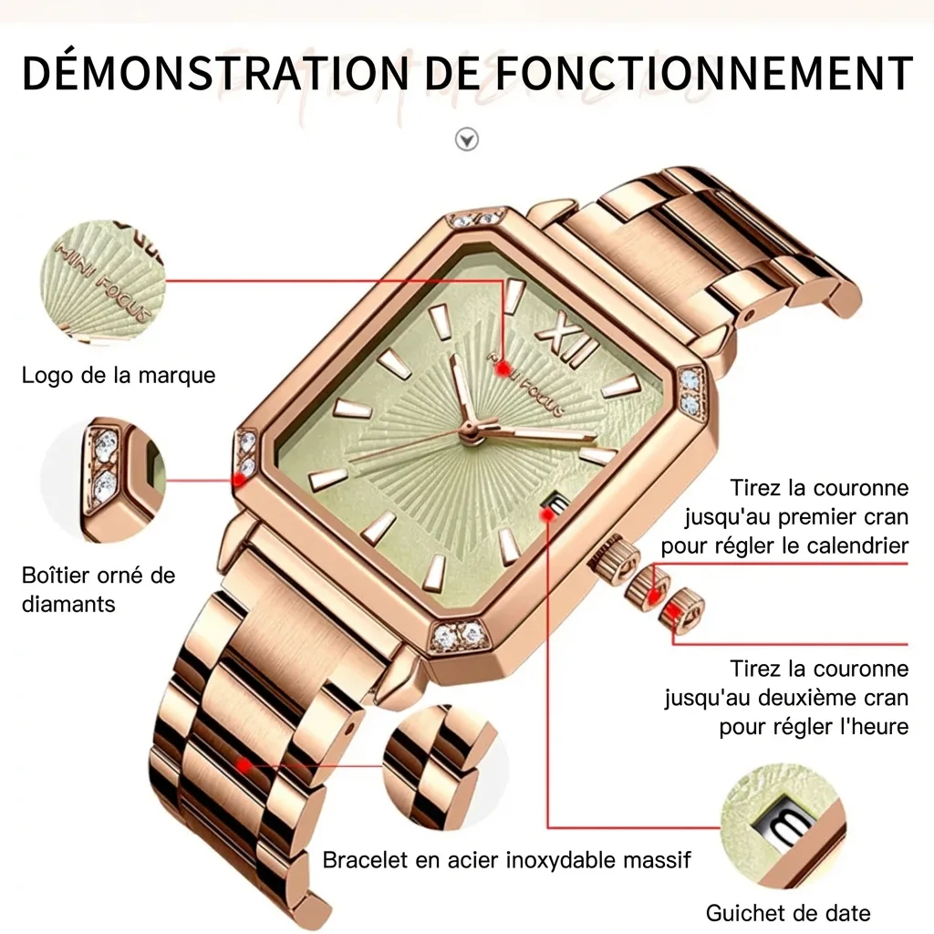 Mini Focus Montre Femme Carrée Inoxydable