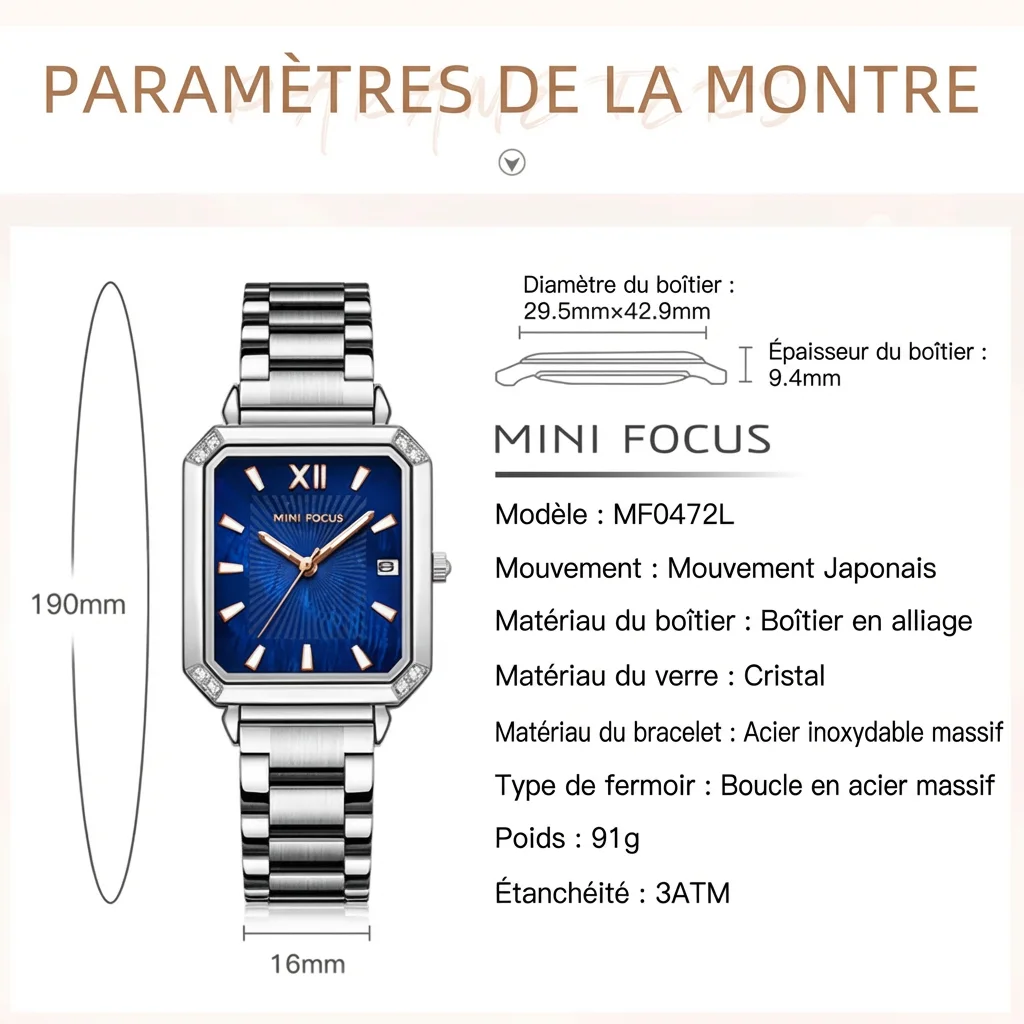 Mini Focus Montre Femme Carrée Inoxydable